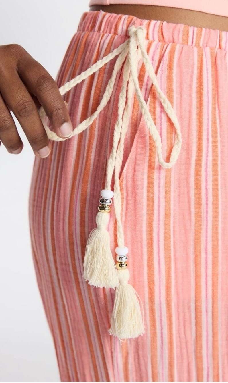NWT No Boundaries Women's Cotton Gauze Side Tie Pants in Coral/Pink/White Stripe - Picture 4 of 5